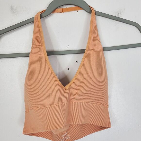 Aerie Ribbed Bra Peach Padded Cups Halter Neck Y2K Adjustable Womens M - Picture 1 of 7